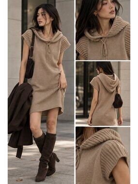 Central Park West 100% Cashmere Hooded Sweater Dress Tunic Beige Size S